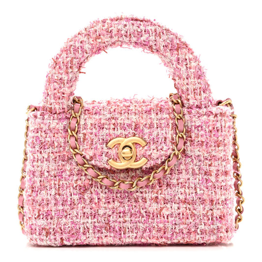 Tweed Quilted Mini Nano Kelly Shopper Pink