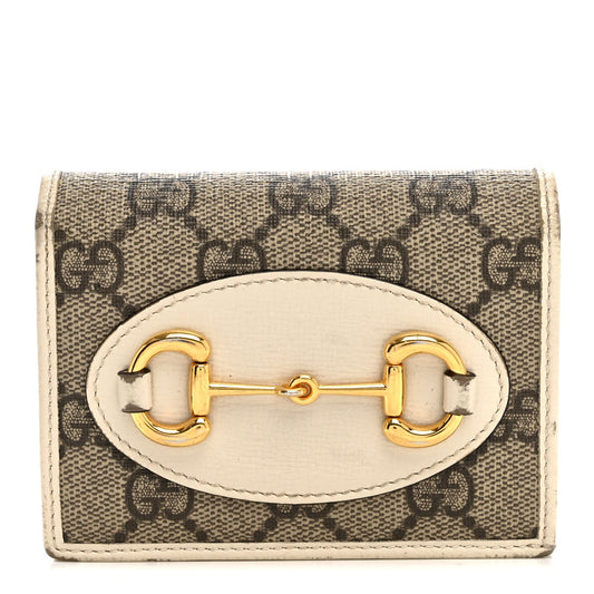 GG Supreme Monogram Azalea Calfskin Horsebit 1955 Card Case Wallet Beige Ebony Mystic White