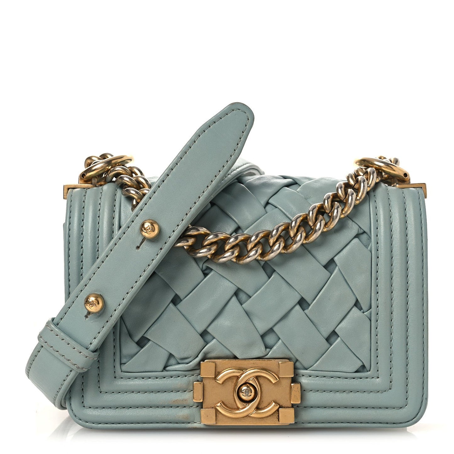 Lambskin Woven Mini Chateau Boy Flap Light Blue