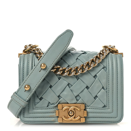Lambskin Woven Mini Chateau Boy Flap Light Blue