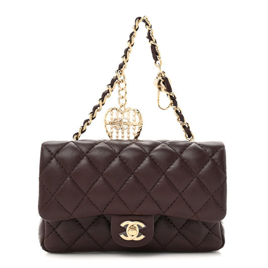 Lambskin Quilted Mini Flap Bag Charm With Hook Dark Brown