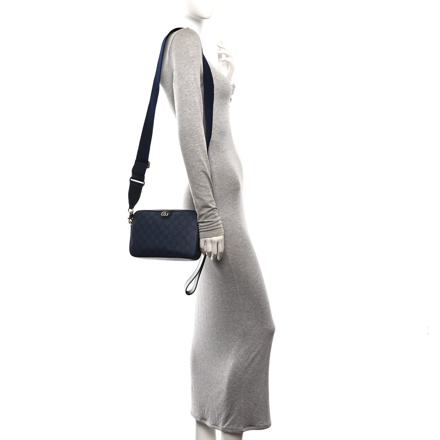 GG Supreme Monogram Textured Dollar Calfskin Web Ophidia Wristlet Shoulder Bag Black Blue