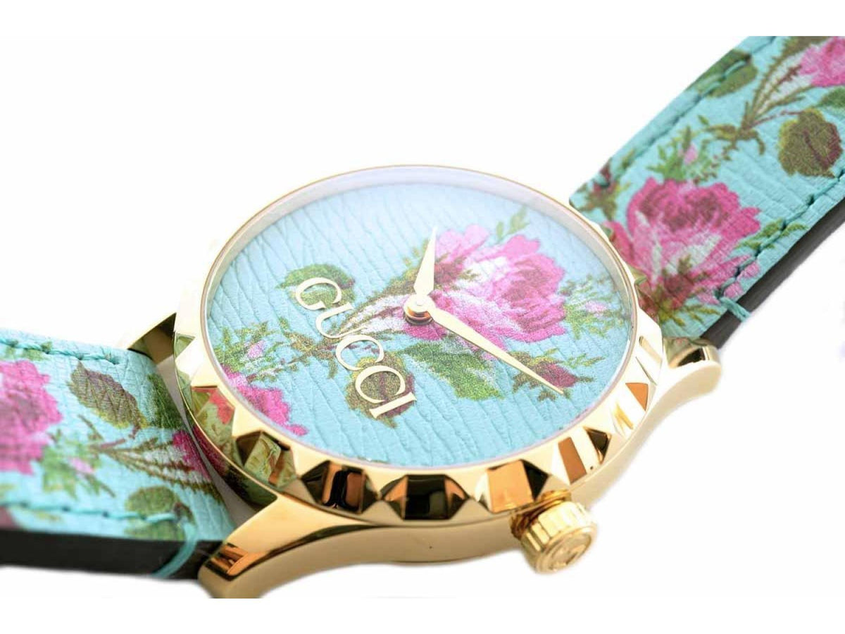 Gucci G Timeless Floral Turquoise Dial Turquoise Leather Strap Watch For Women - YA1264085