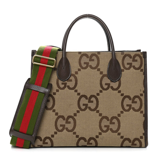 Monogram Jumbo GG Textured Dollar Calfskin Web Small Tote Bag Camel Ebony New Acero