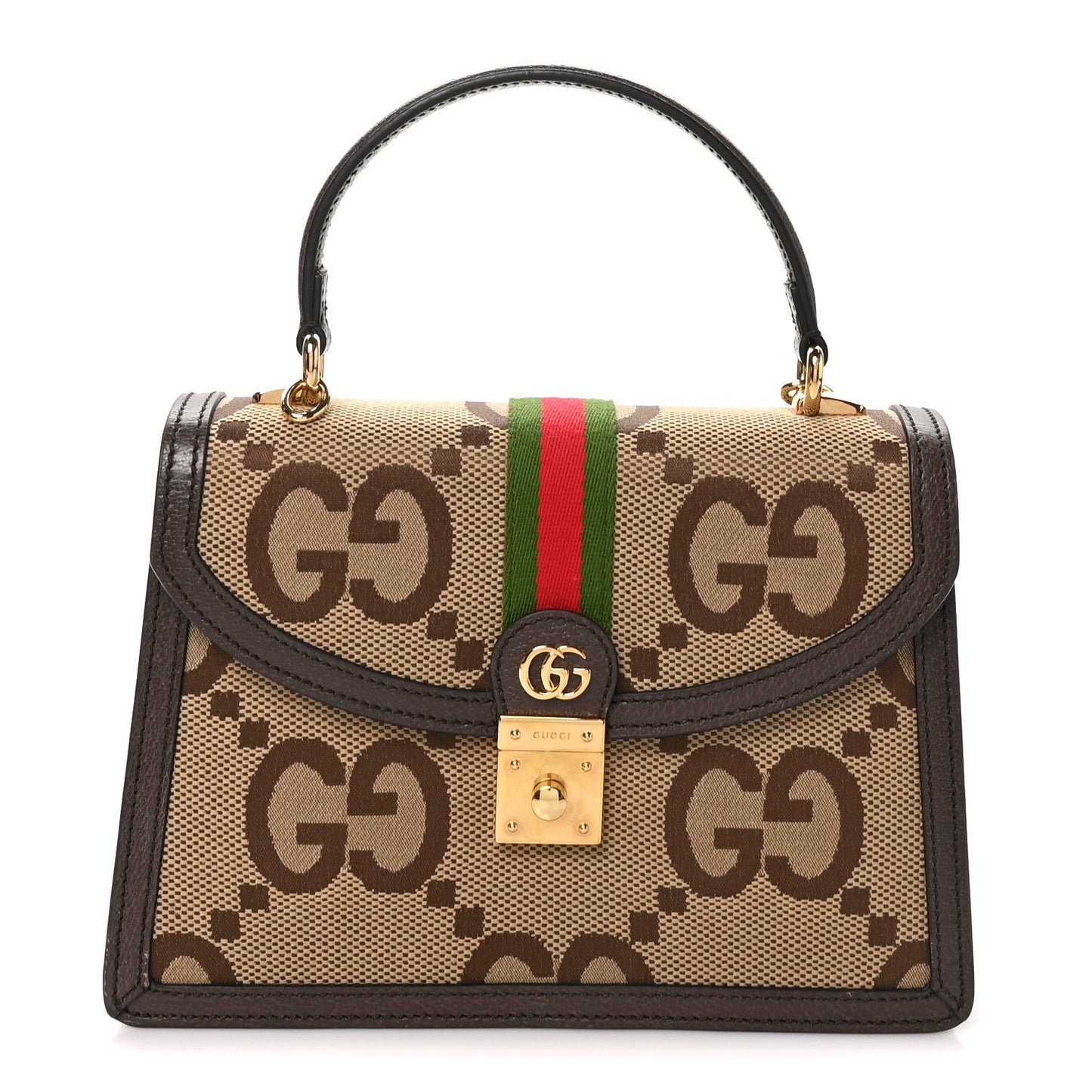 Monogram Jumbo GG Textured Dollar Calfskin Web Small Ophidia Padlock Top Handle Bag Camel Ebony New Acero
