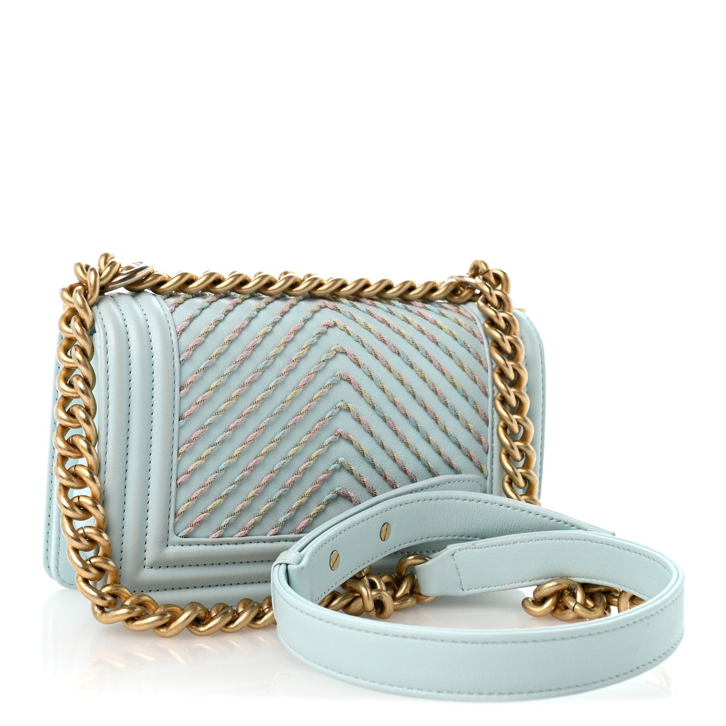 Calfskin Chevron Embroidered Small Boy By The Sea Flap Light Blue