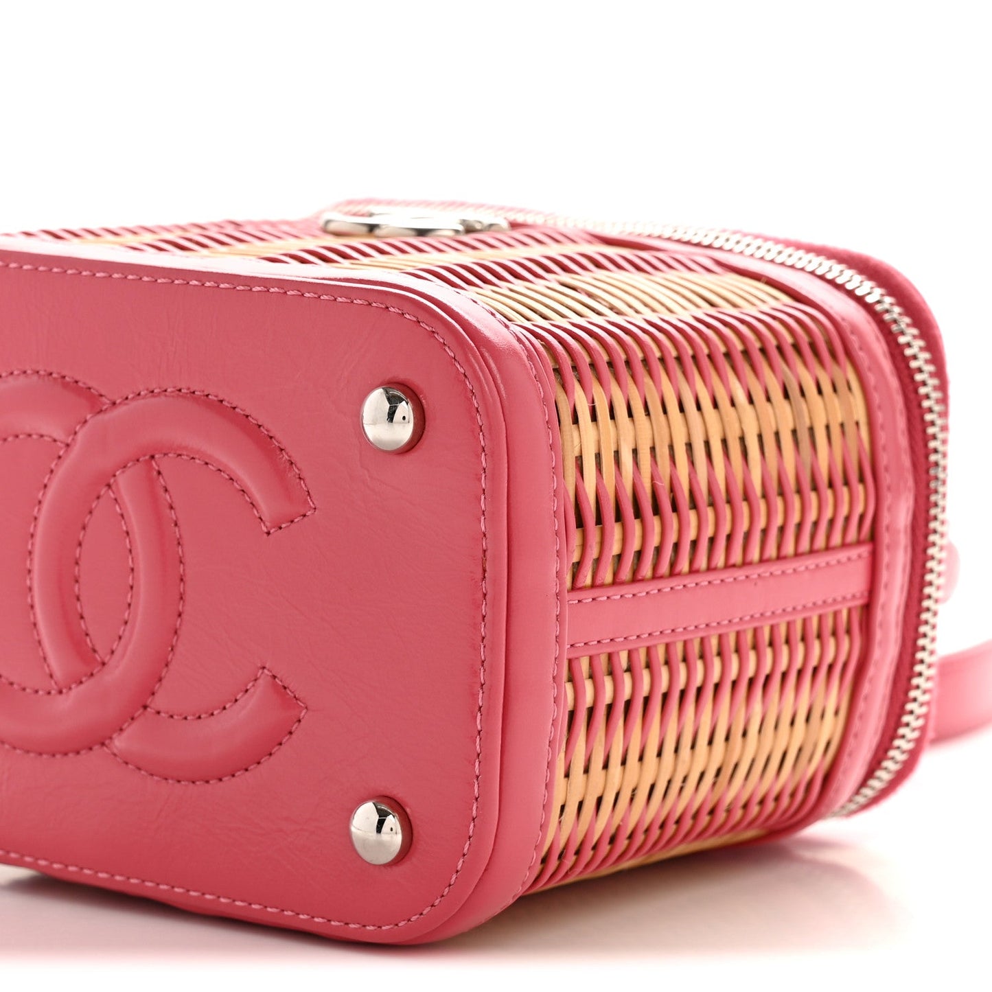 Calfskin Raffia Small Take Away Vanity Case Bag Pink Beige