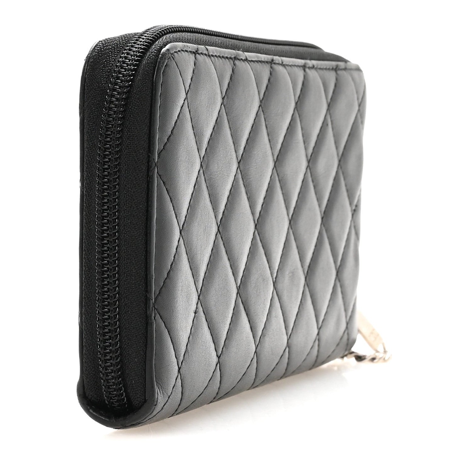 Calfskin Quilted Cambon Large Gusset Zip Around Wallet Black