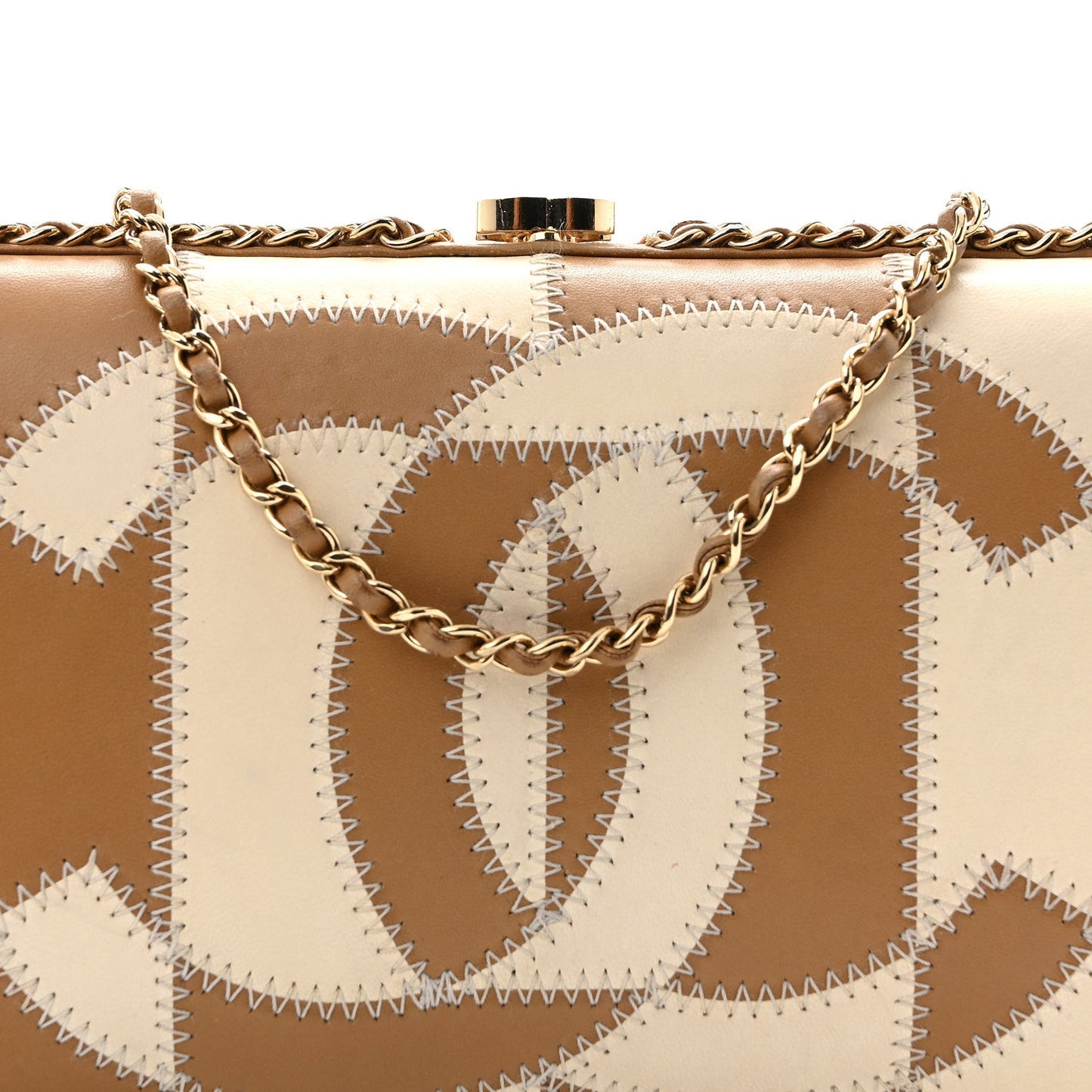 Lambskin CC Stitch Chain Around Clutch  Beige White