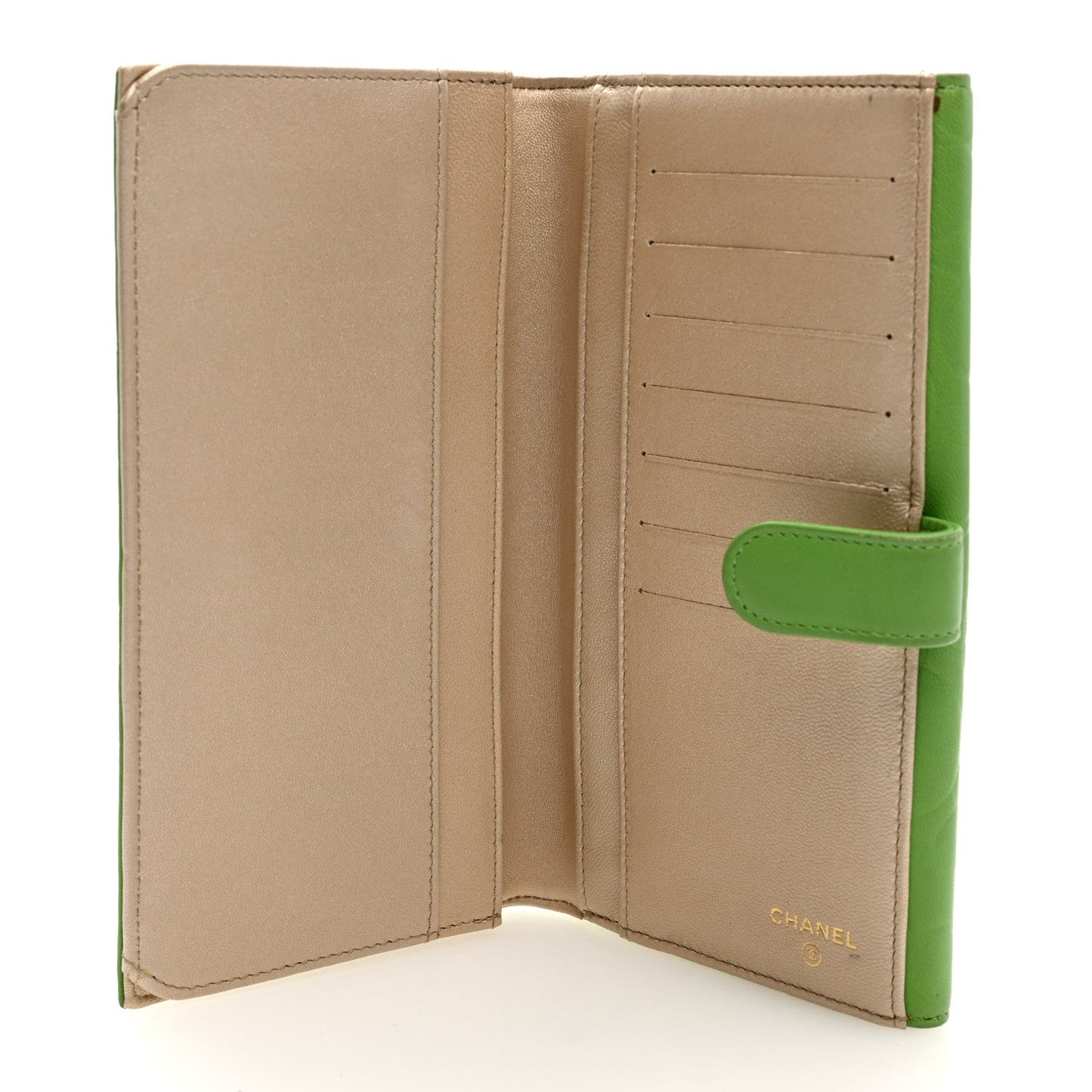 Lambskin Embossed Camellia Large Gusset Flap Wallet Green