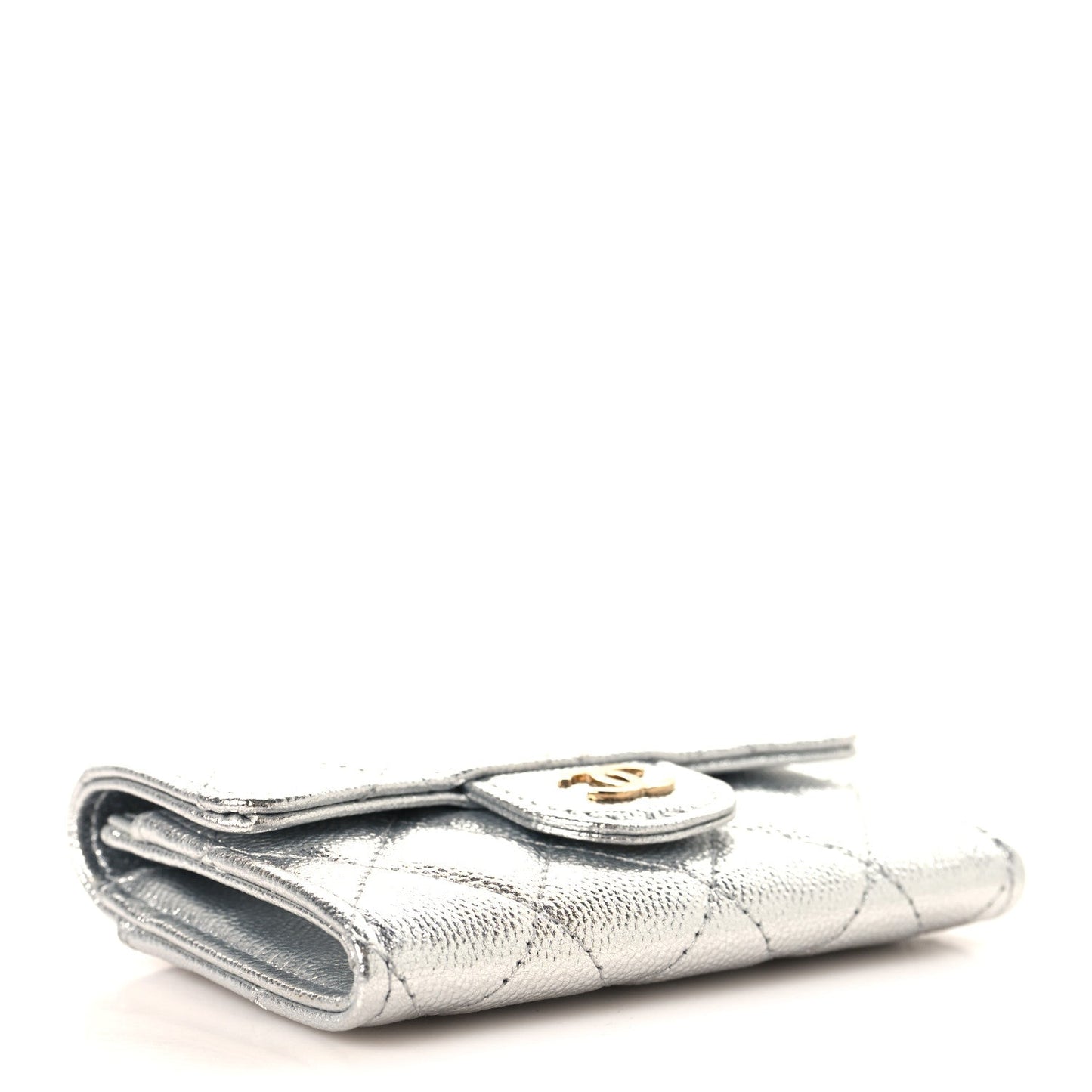 Metallic Caviar Quilted Flap Card Holder Wallet Silvery