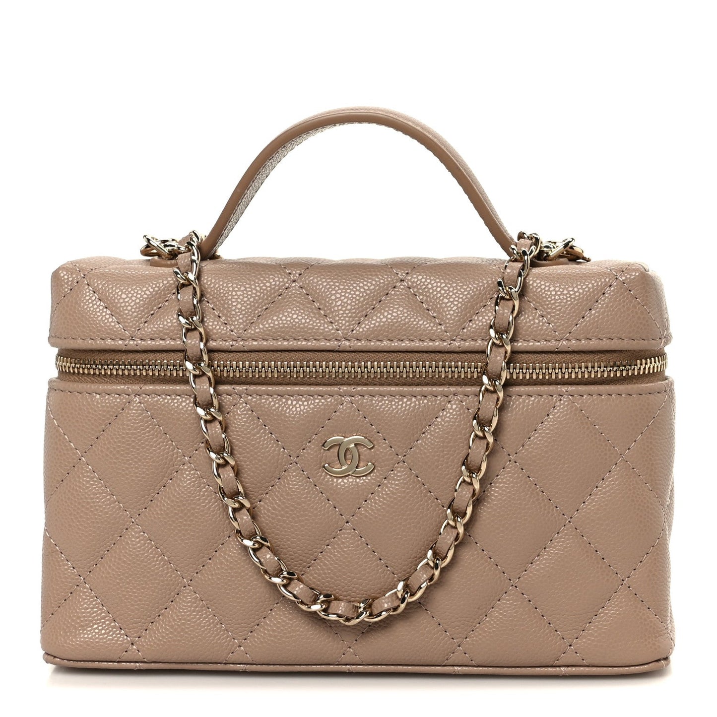 Caviar Quilted Top Handle Slim Vanity With Chain Dark Beige