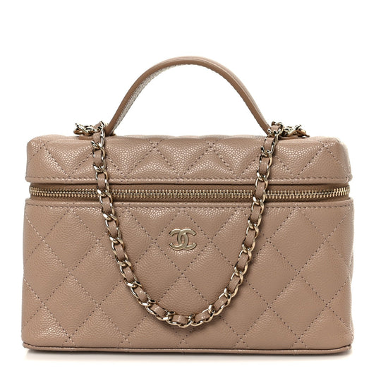 Caviar Quilted Top Handle Slim Vanity With Chain Dark Beige