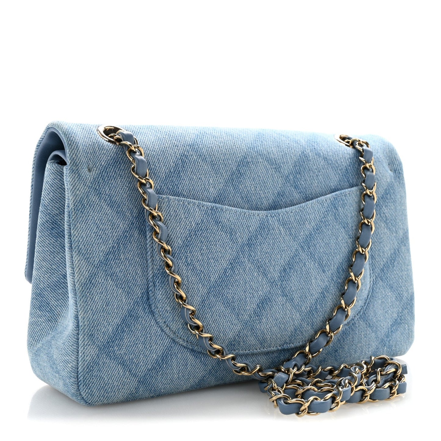 Printed Denim Quilted Medium Double Flap Light Blue