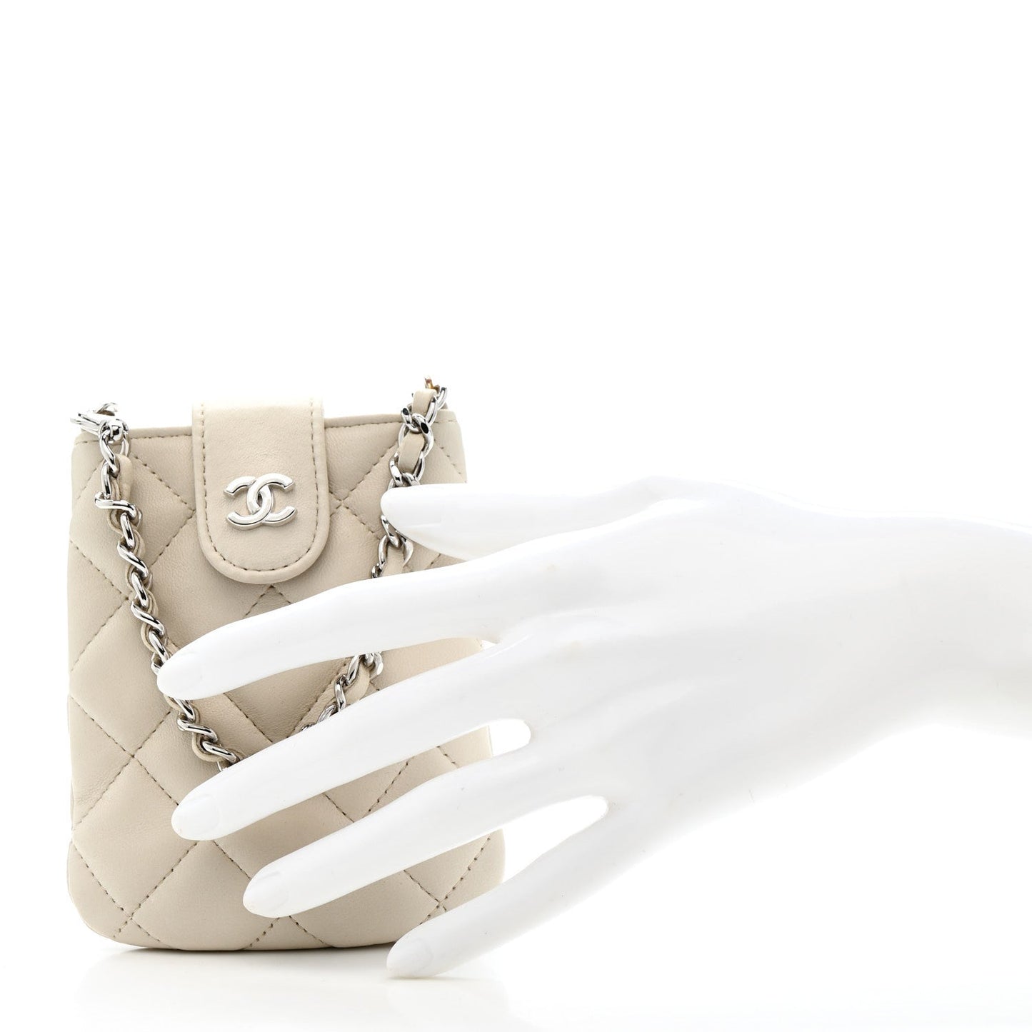 Lambskin Quilted Phone Holder On Chain White