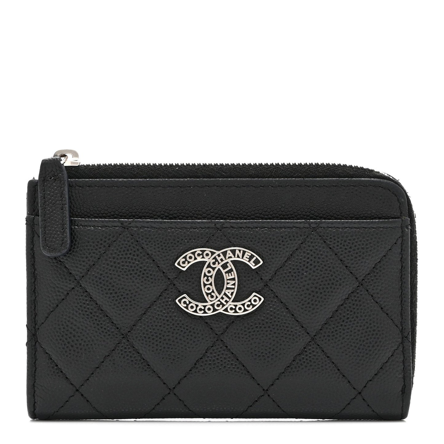 Caviar Quilted CC Logo Zip Around Card Holder Black