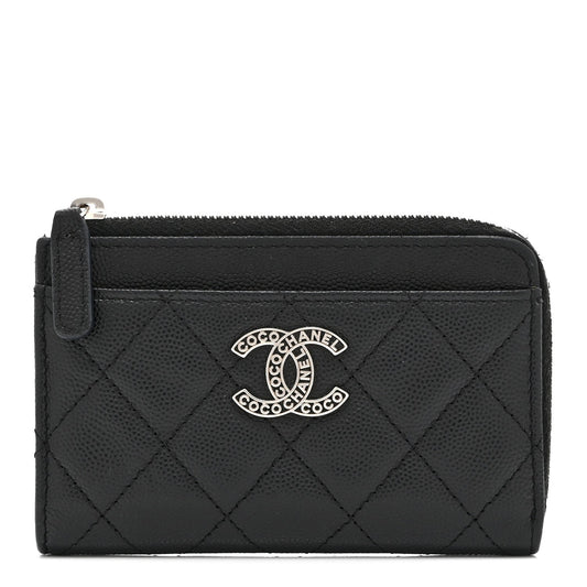 Caviar Quilted CC Logo Zip Around Card Holder Black