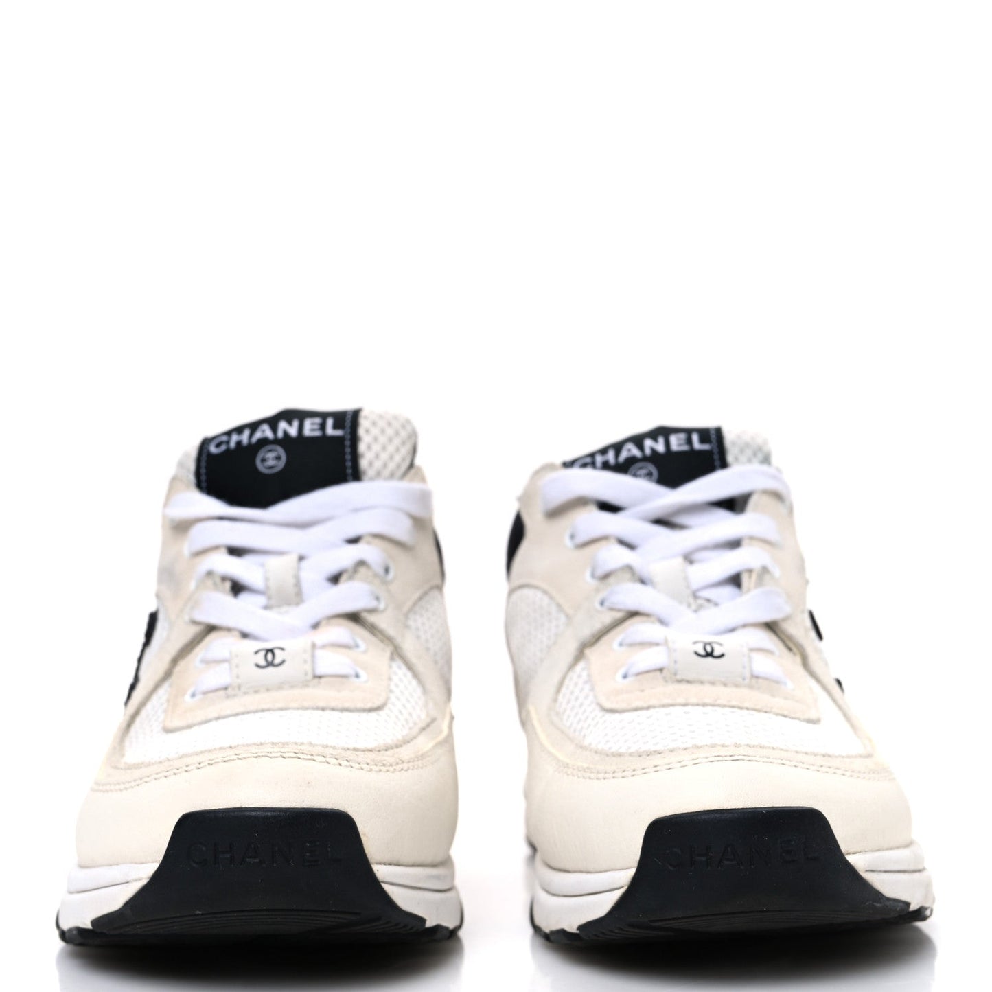Mesh Suede Calfskin Grained Calfskin Womens CC Sneakers 36 White Black
