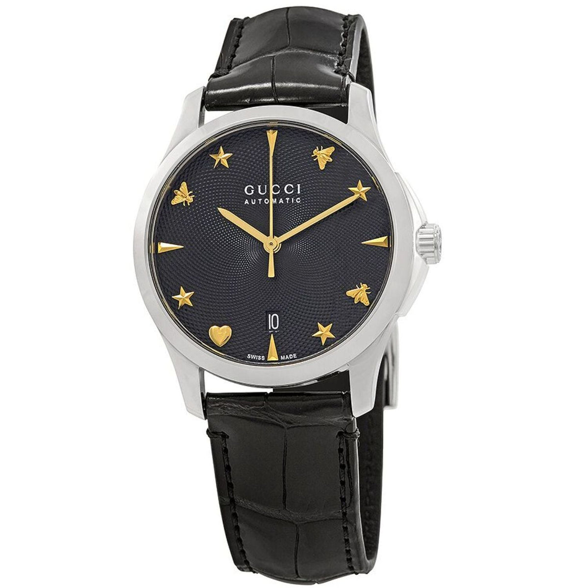 Gucci G Timeless Automatic Black Dial Black Leather Strap Watch For Women - YA126469