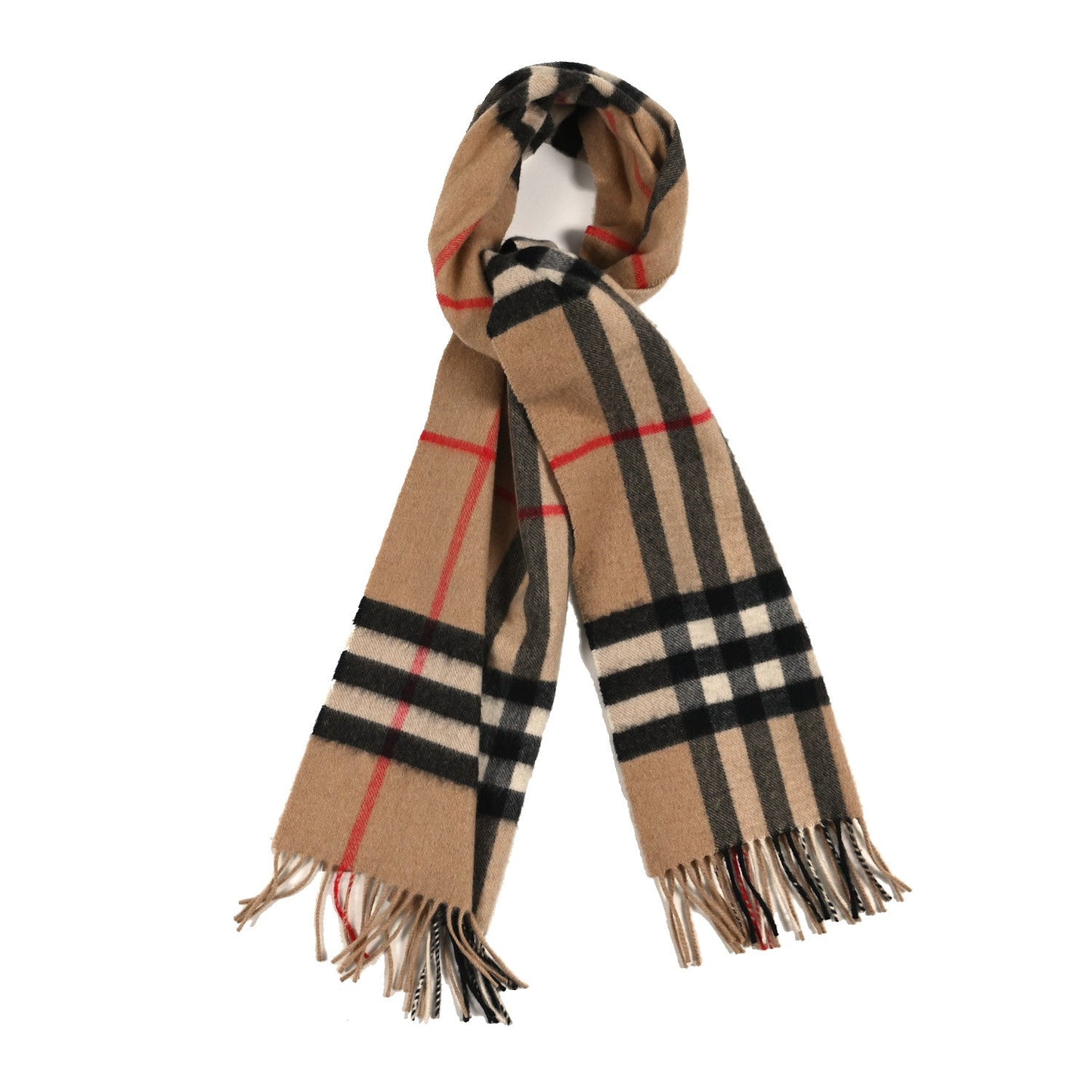 Cashmere Giant Check Fringe Scarf Camel