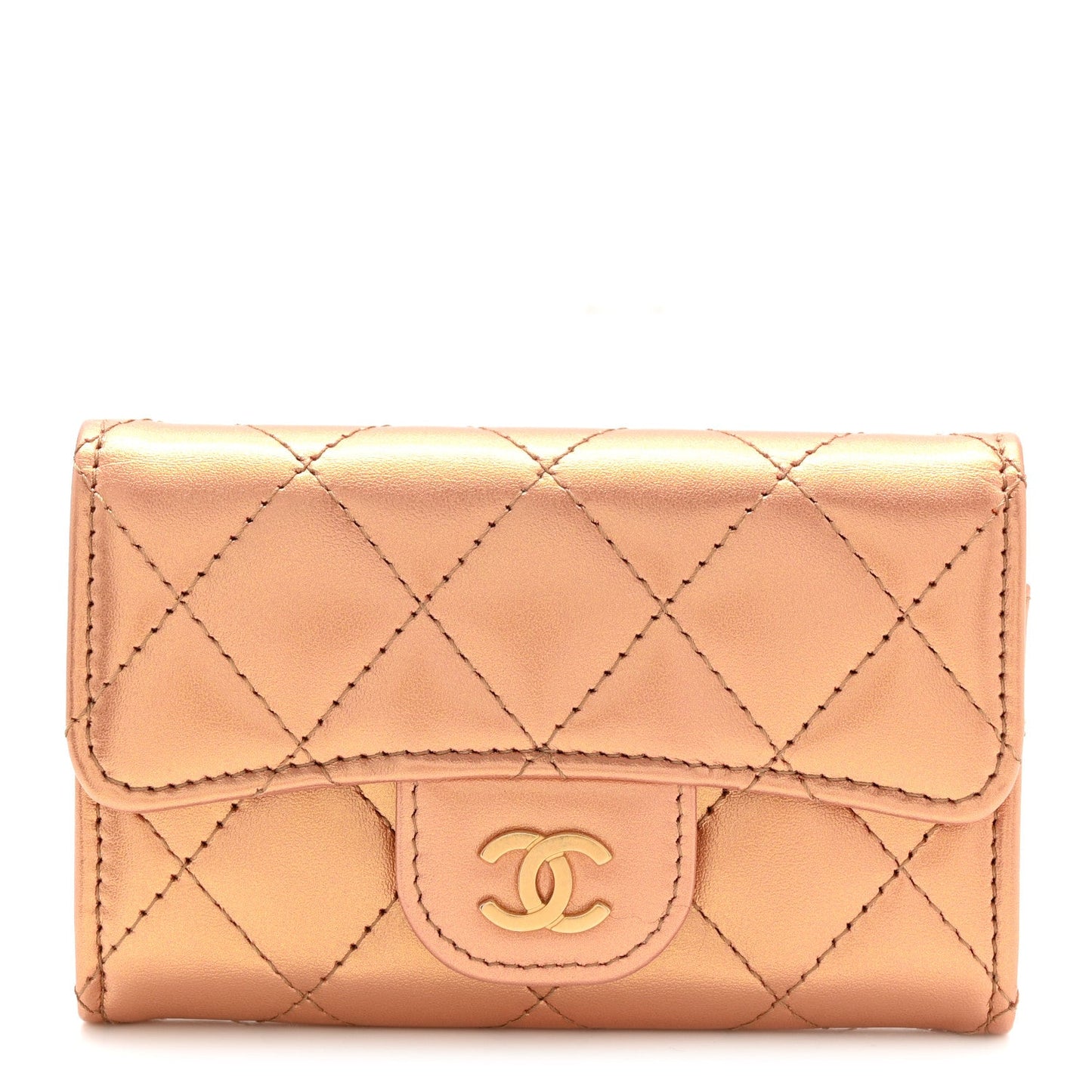 Metallic Lambskin Quilted Flap Card Holder Wallet Golden