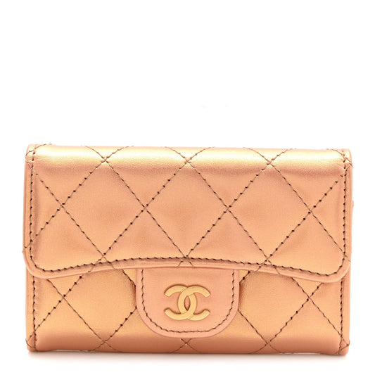 Metallic Lambskin Quilted Flap Card Holder Wallet Golden