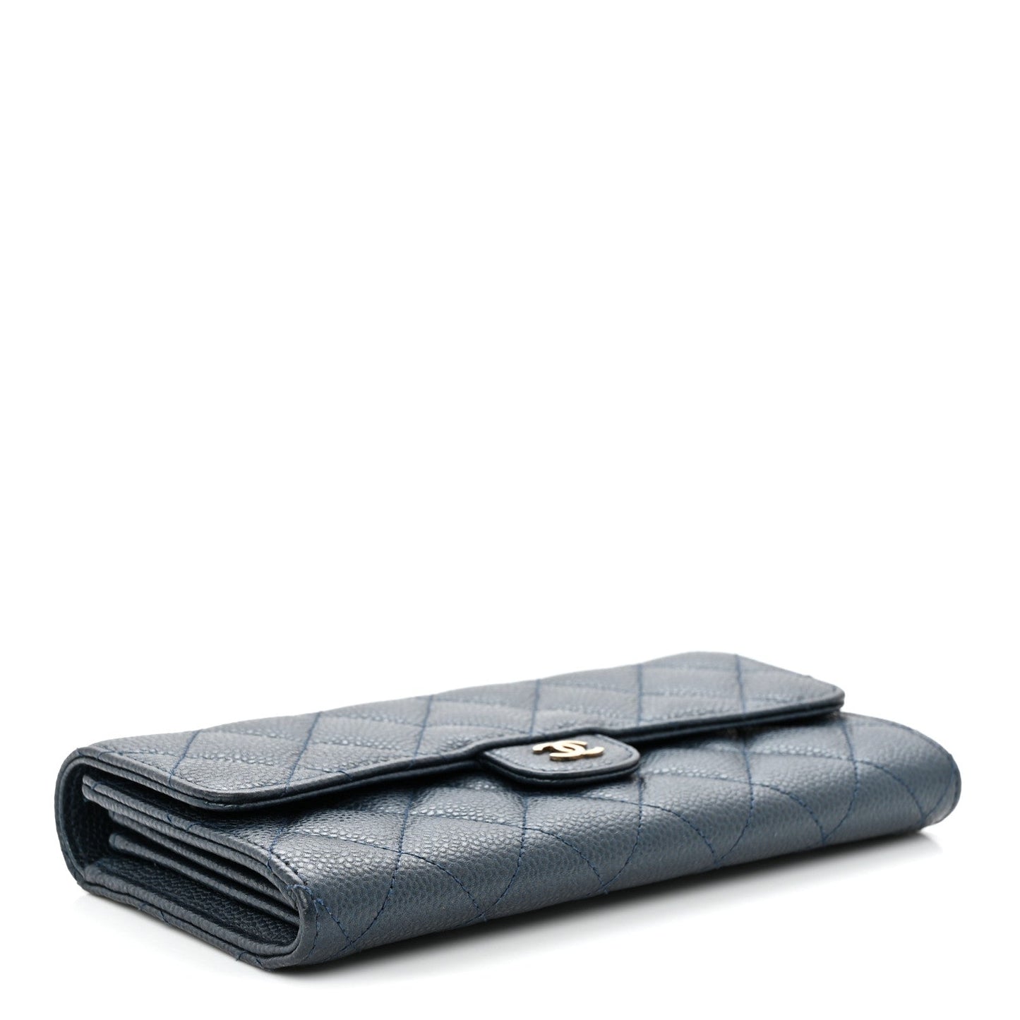 Iridescent Caviar Quilted Large Gusset Flap Wallet Dark Blue