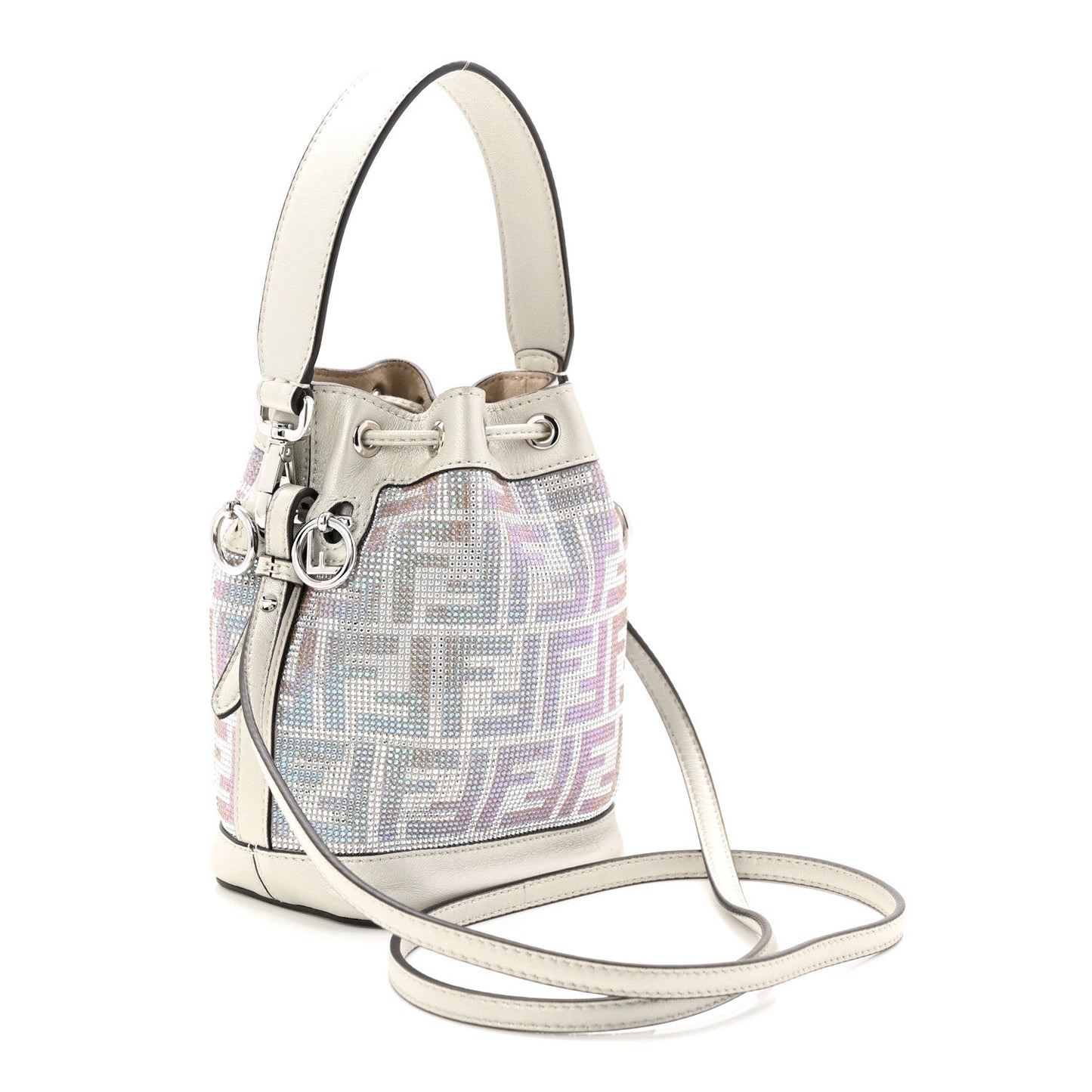 Crystal Vitello Laminato FF Mini Mon Tresor Bucket Bag Crystal Argento