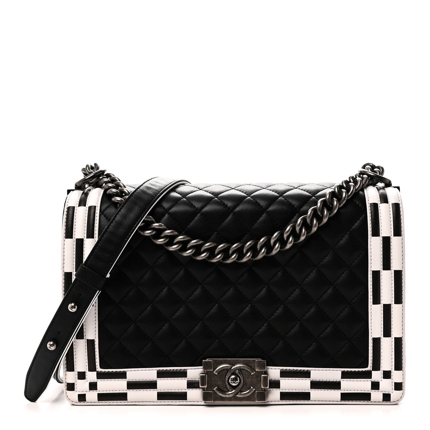 Calfskin Quilted Checkerboard Trim New Medium Boy Flap Black White