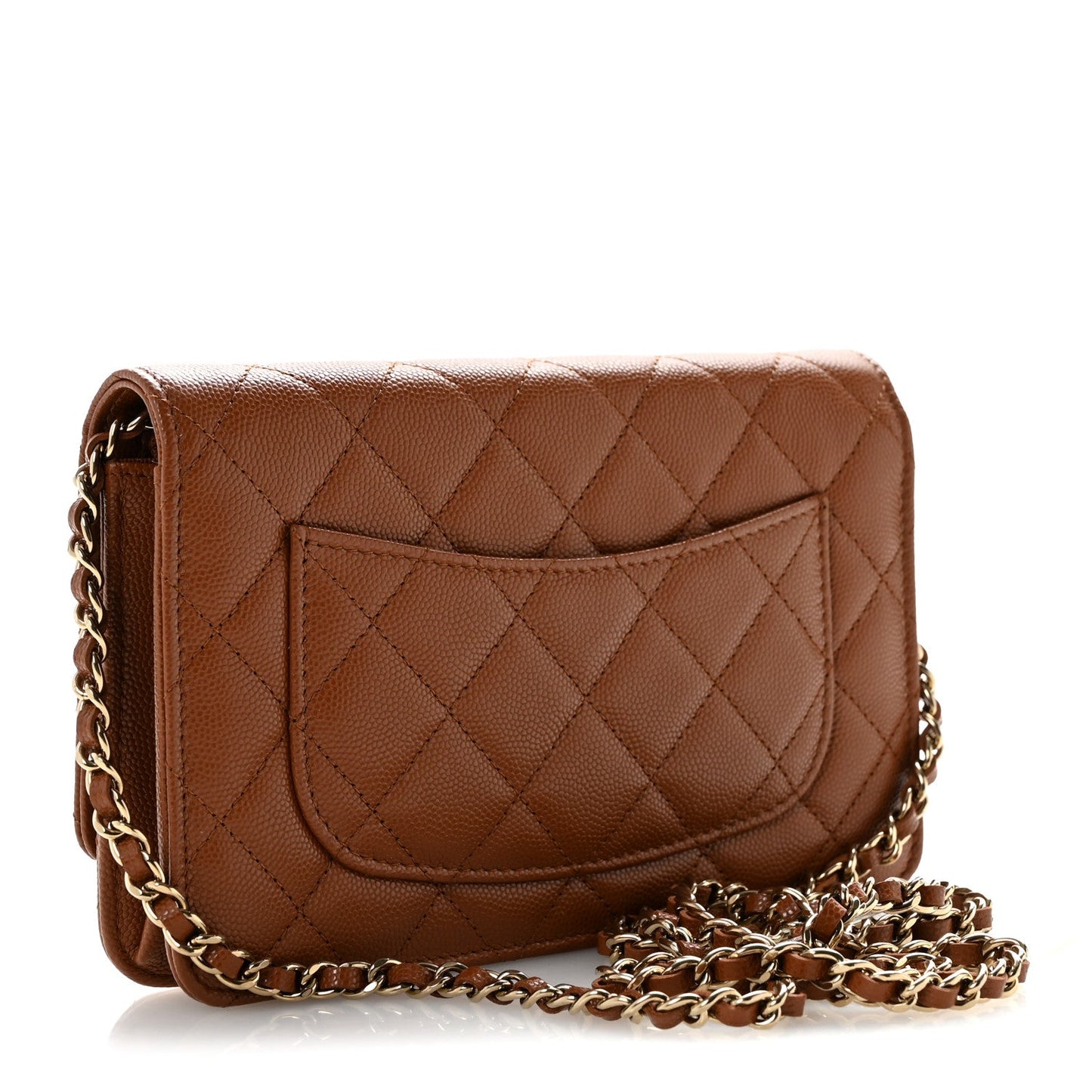 Shiny Caviar Quilted Strass Wallet On Chain WOC Light Brown