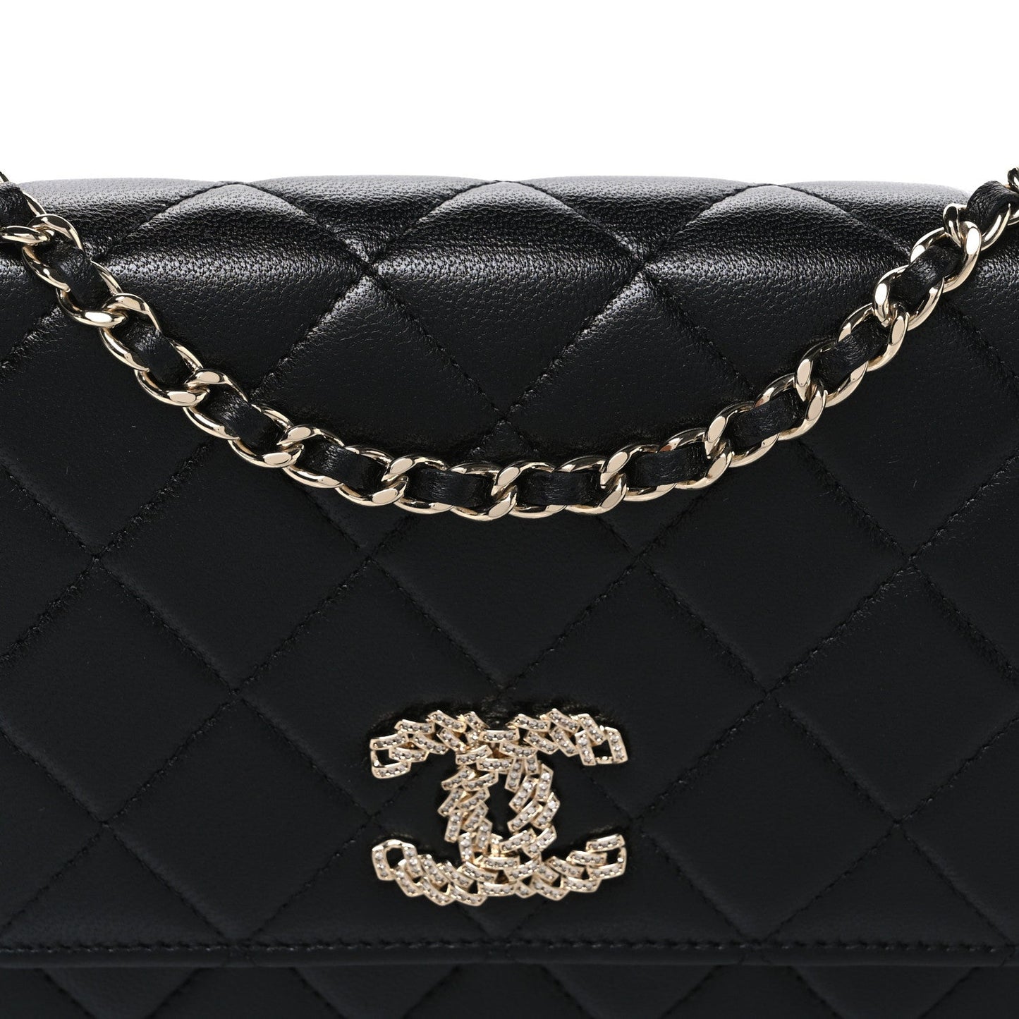 Lambskin Quilted Crystal CC Wallet On Chain WOC Black