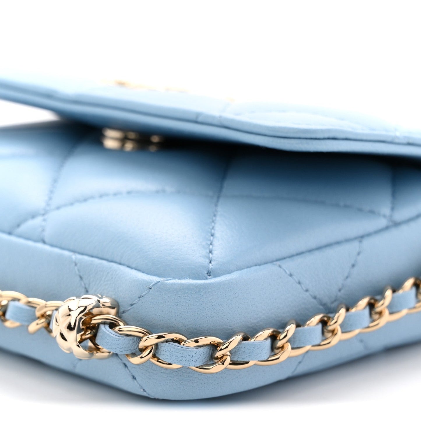 Lambskin Quilted Chain Around Coin Purse With Chain Light Blue