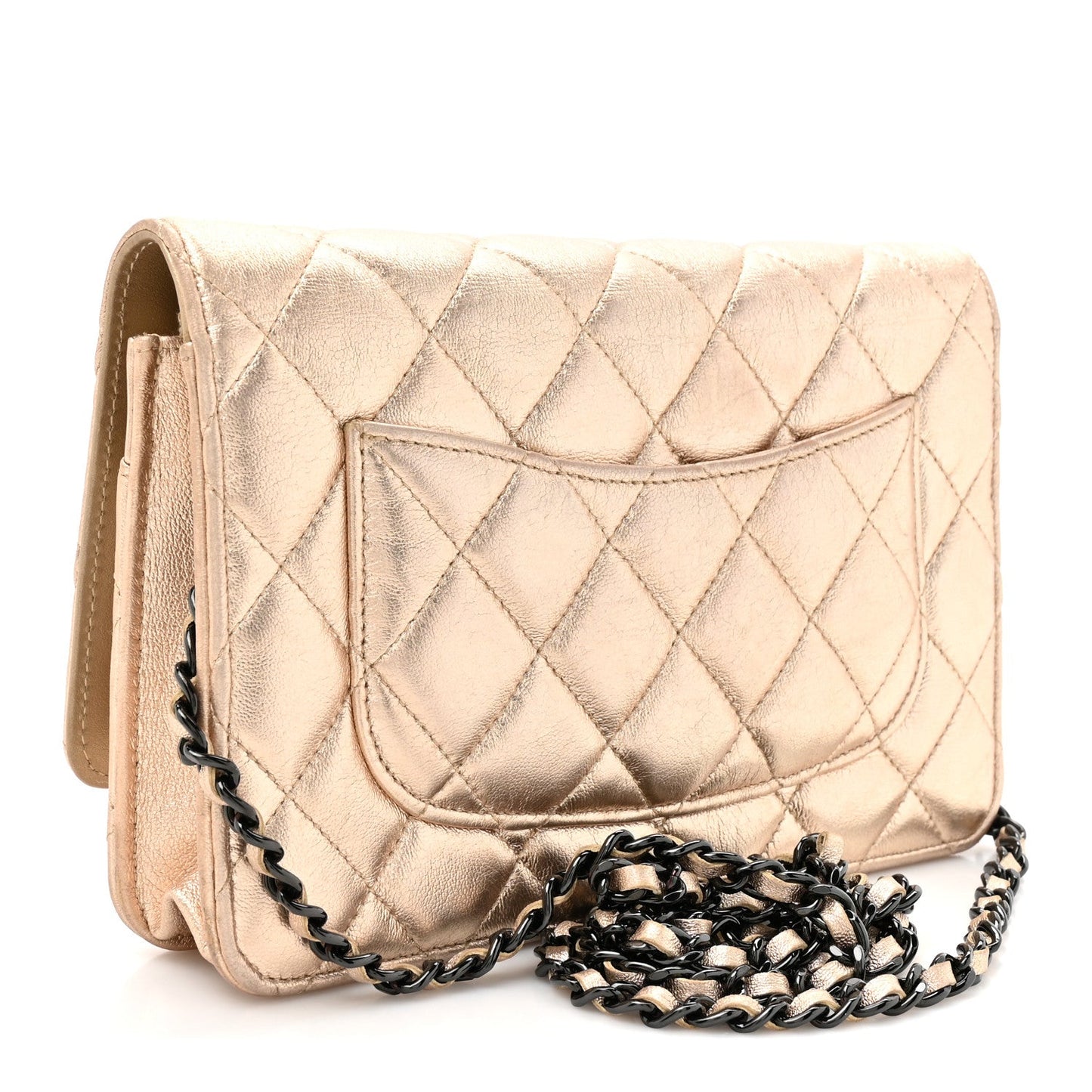 Metallic Lambskin Quilted Wallet On Chain WOC Gold Black
