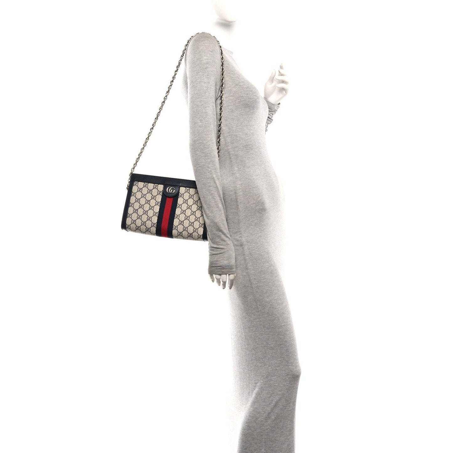 GG Supreme Monogram Textured Dollar Calfskin Web Small Ophidia Chain Shoulder Bag Beige Blue