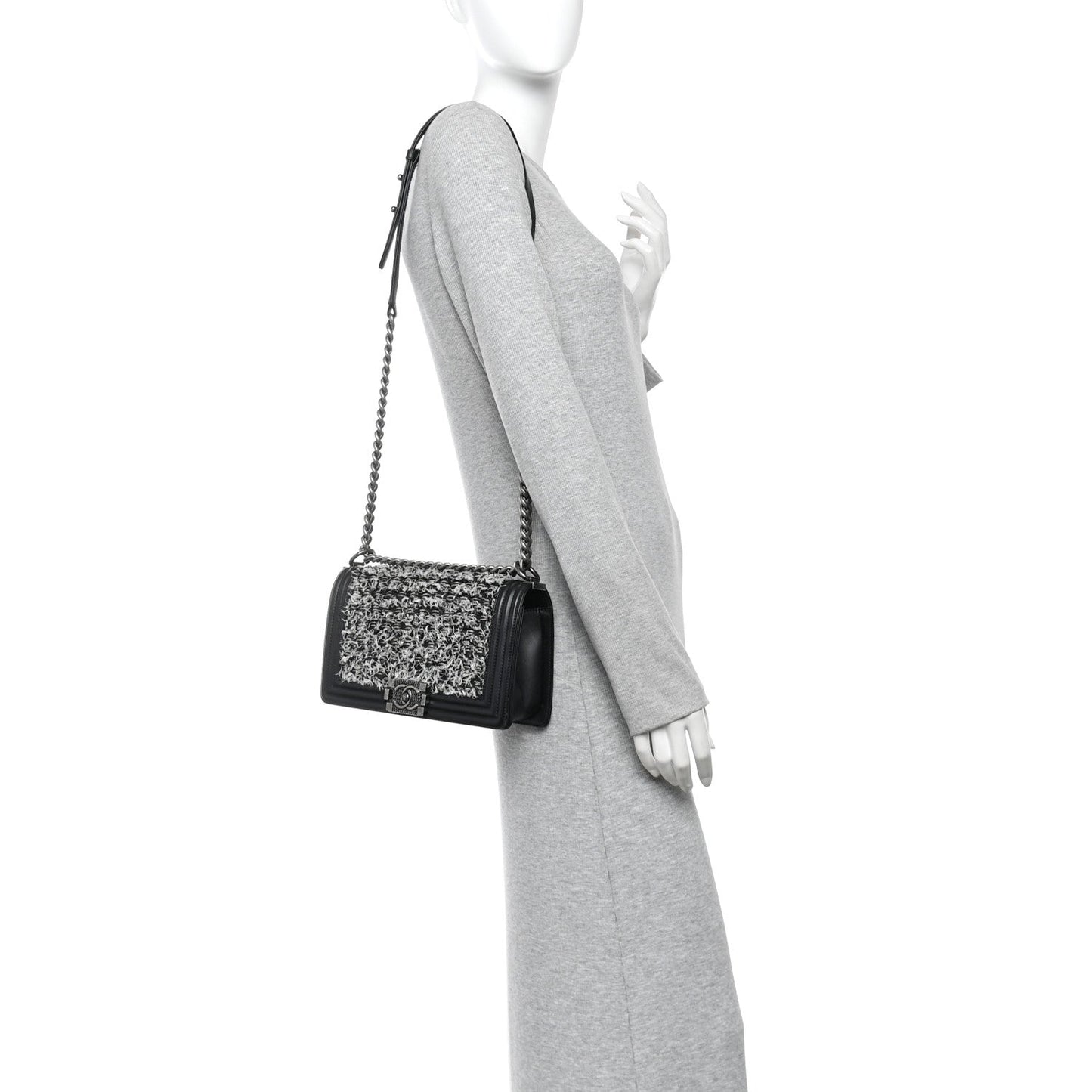 Tweed Calfskin Medium Boy Flap Black White