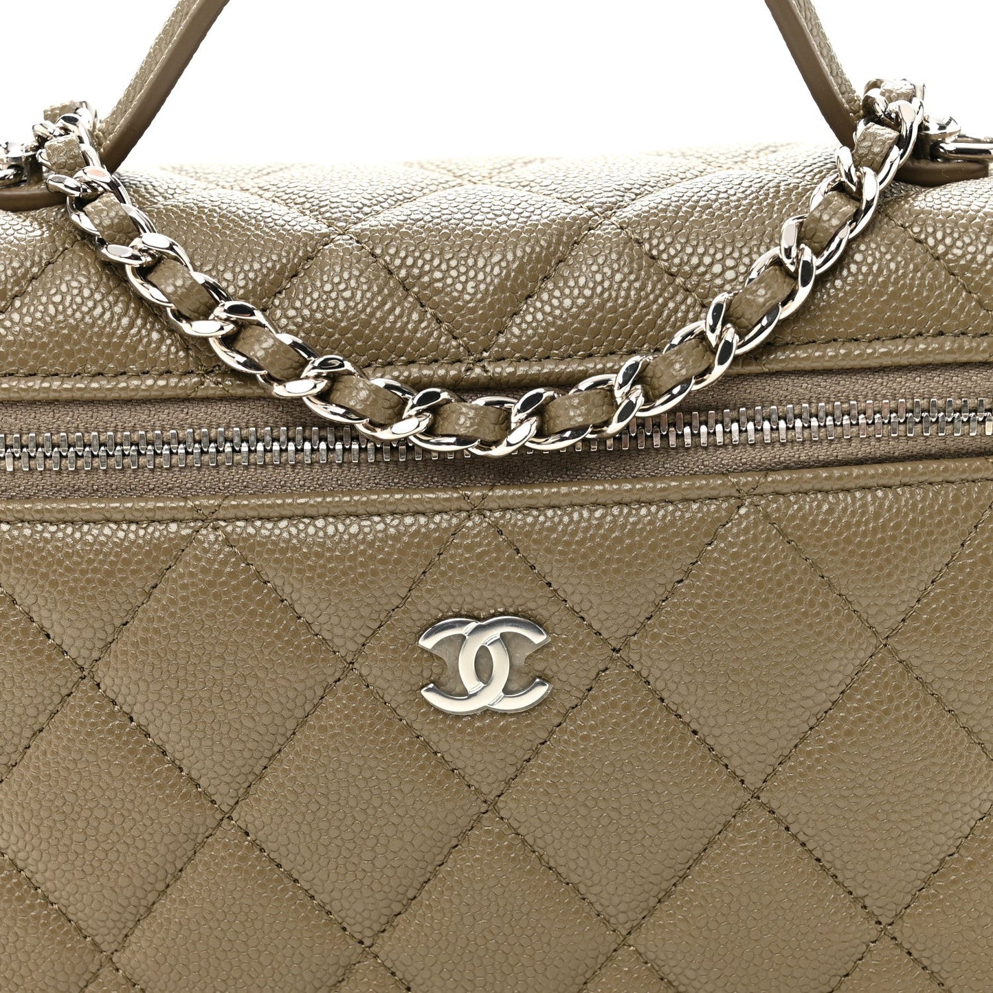 Caviar Quilted Top Handle Slim Vanity With Chain Dark Khaki