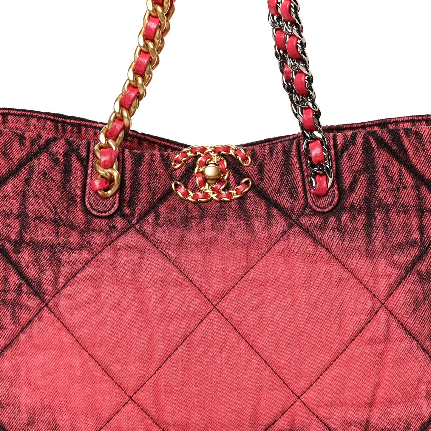 Washed Denim Quilted Chanel 19 East West Shopping Bag Pink