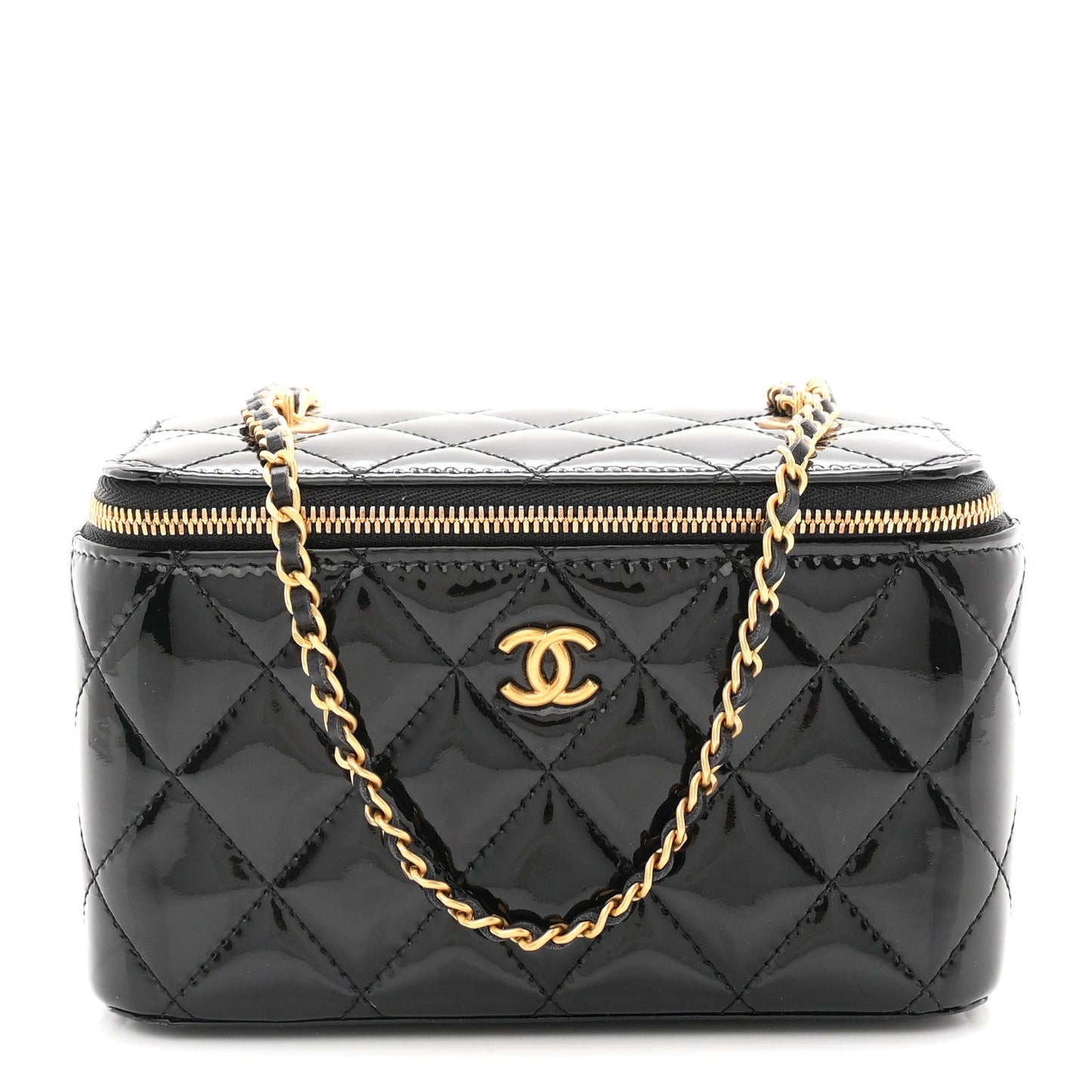 Patent Enamel Quilted Small Coco Hearts Vanity Case With Chain Black