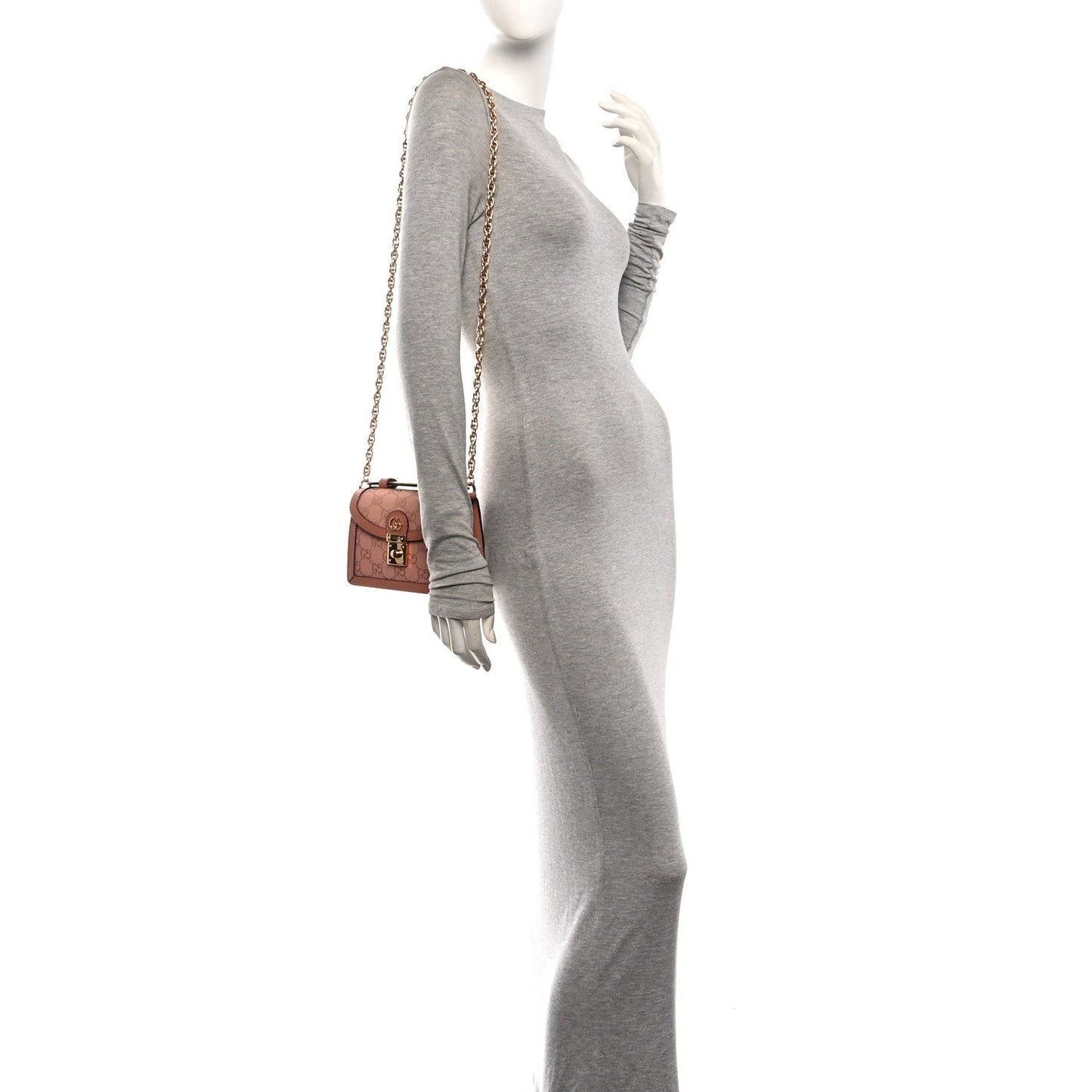 GG Monogram Textured Dollar Calfskin Mini Ophidia Padlock Top Handle Chain Shoulder Bag Cloche Rose Pink