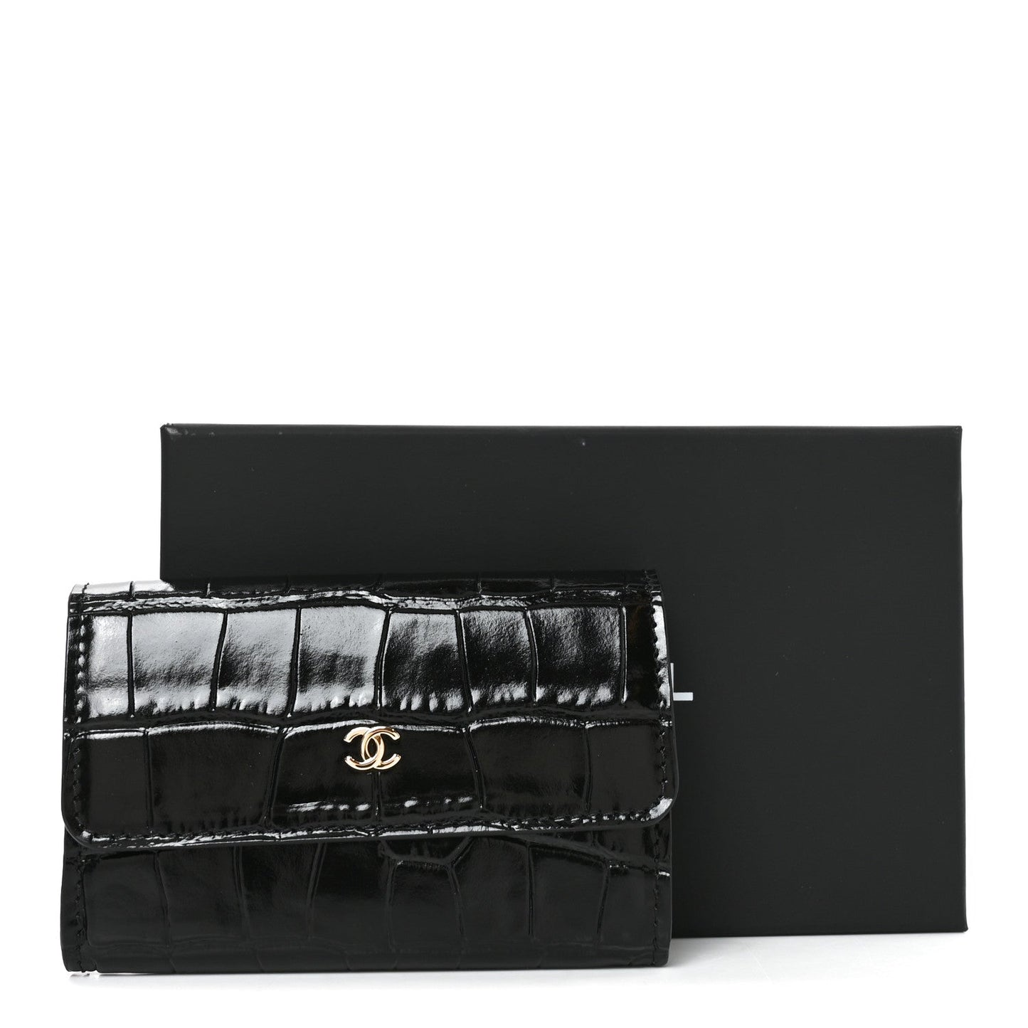 Calfskin Crocodile Embossed Crococo Flap Cardholder Black