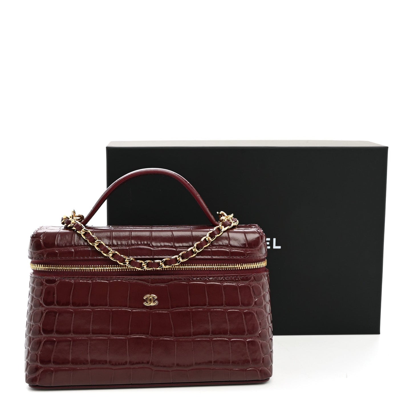 Calfskin Crocodile Embossed Crococo Exoticoco Vanity With Chain  Dark Burgundy