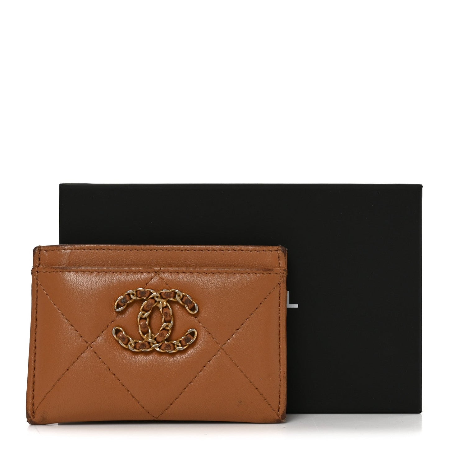 Lambskin Quilted Chanel 19 Card Holder Brown