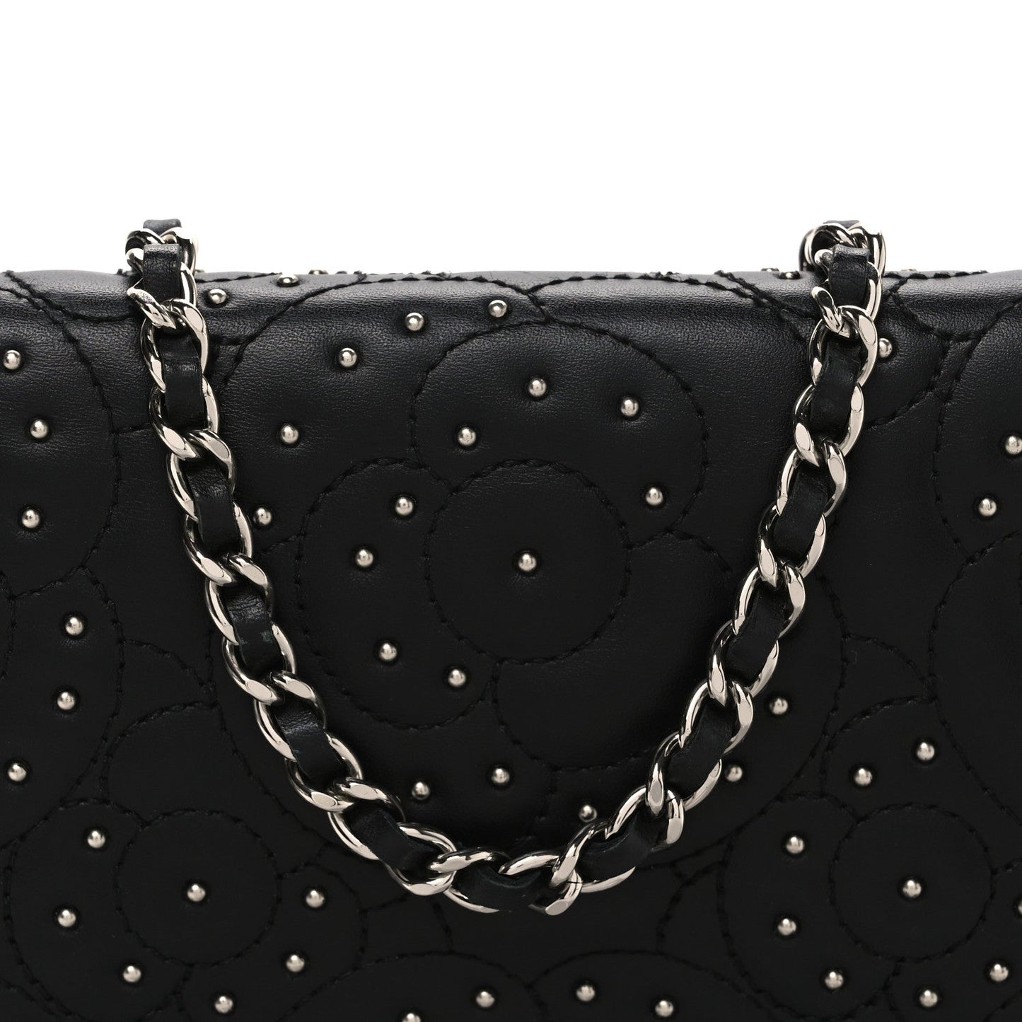 Lambskin Camellia Studded Wallet on Chain WOC Black