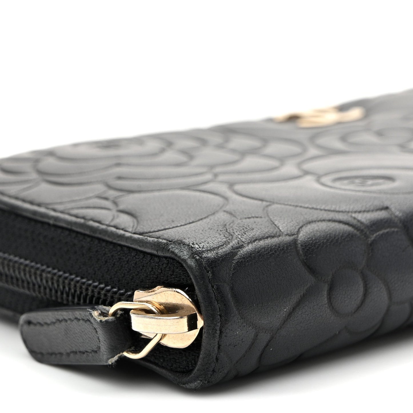Lambskin Camellia Embossed Large Zip Around Gusset Wallet Black