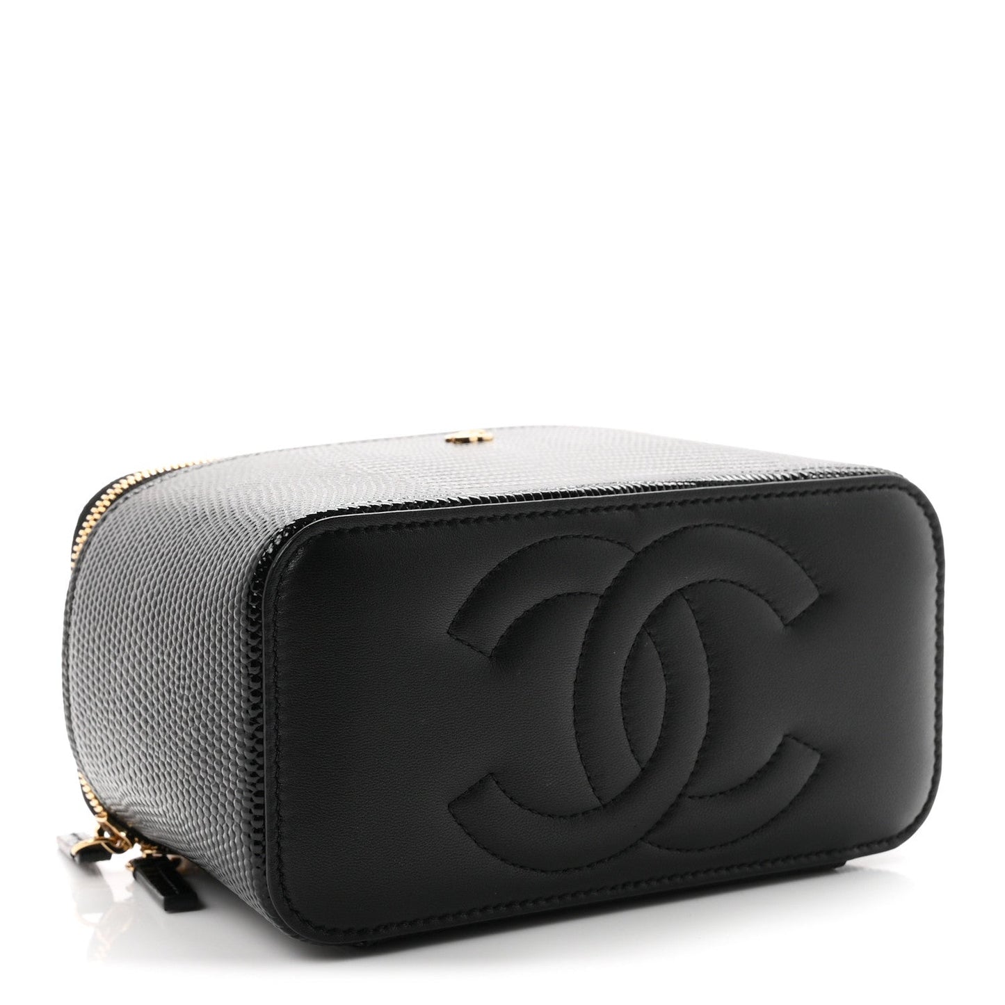 Calfskin Lizard Embossed Top Handle Vanity With Chain Black