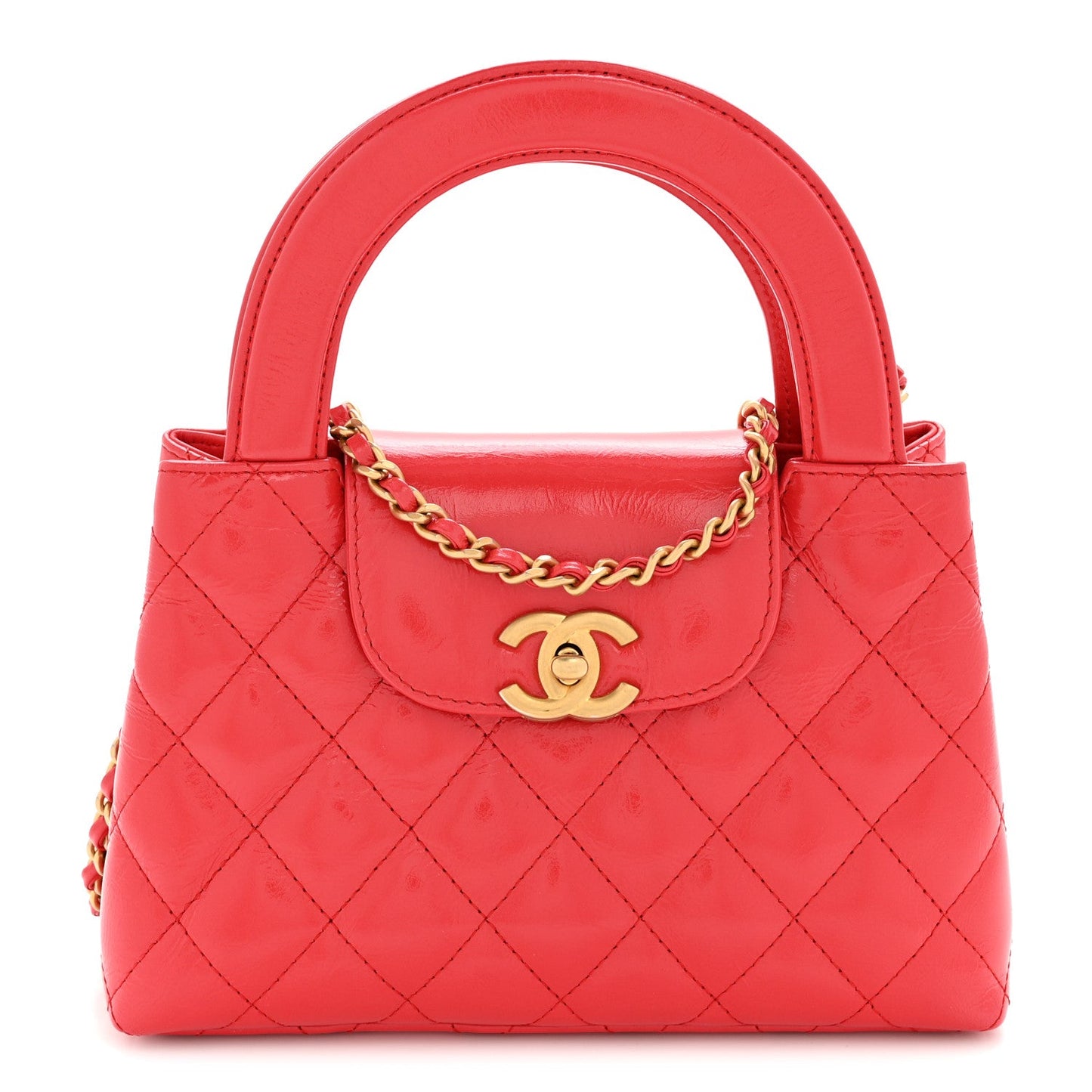 Shiny Aged Calfskin Quilted Nano Kelly Shopper Red