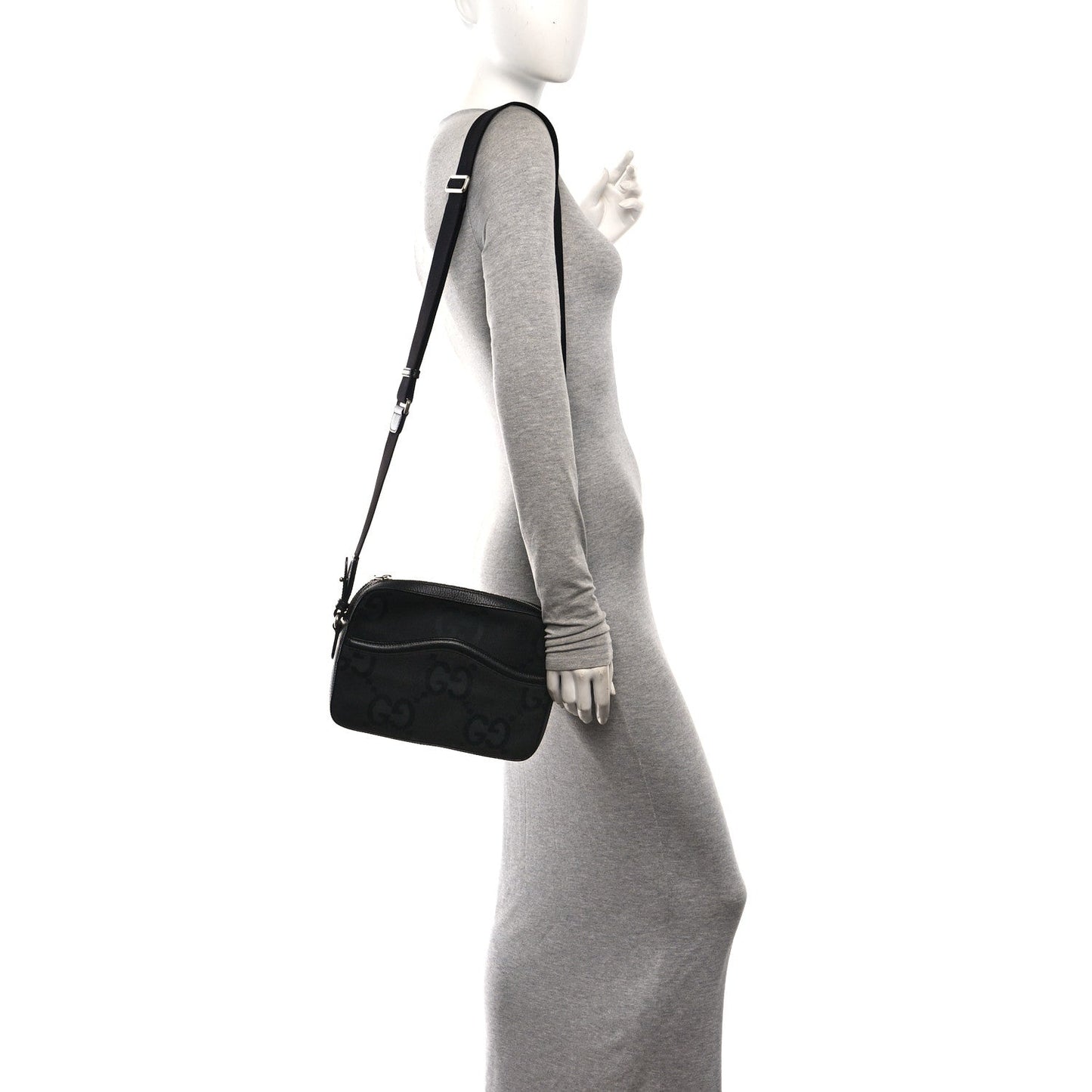 Monogram Jumbo GG Textured Dollar Calfskin Web Messenger Shoulder Bag Black
