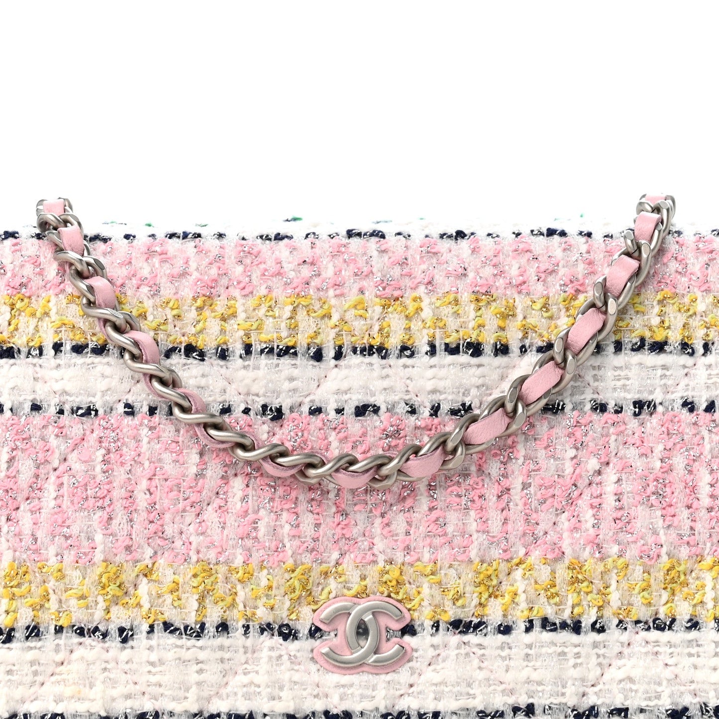 Metallic Tweed Quilted Wallet On Chain WOC White Multicolor