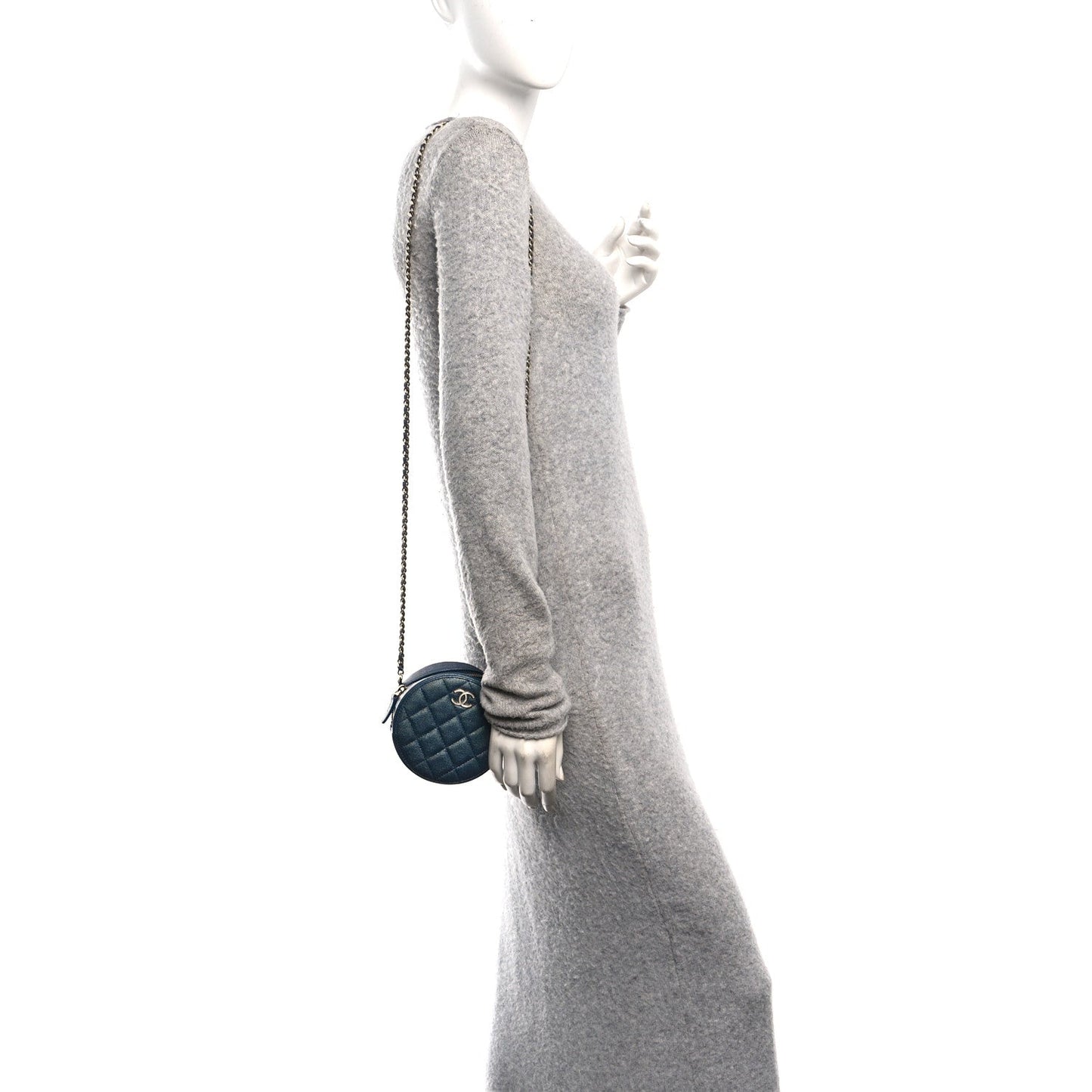 Iridescent Caviar Quilted Round Clutch With Chain Blue
