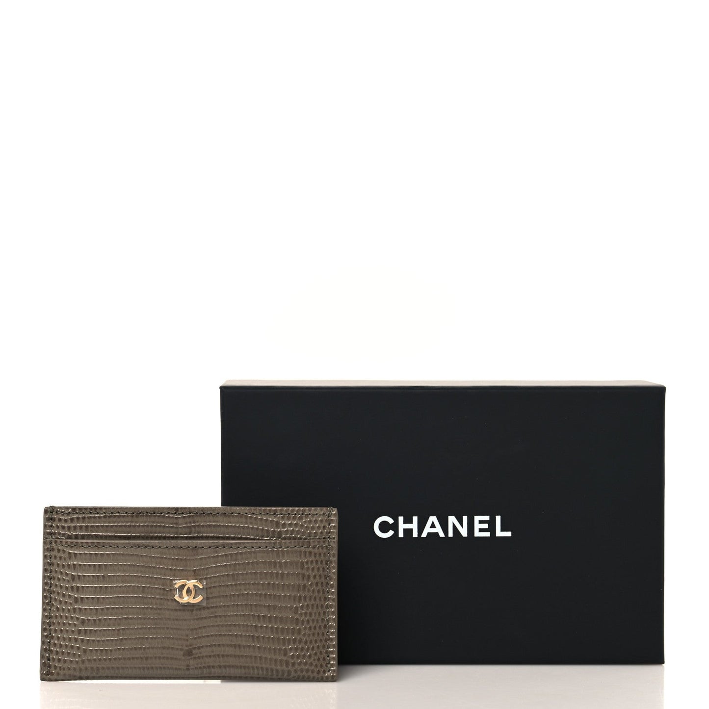 Calfskin Lizard Embossed Card Holder Dark Khaki